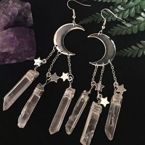 Crescent Moon Raw Quartz Crystal Witchy Earrings